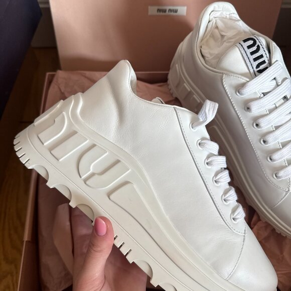 NWT Miu Miu Platform Low-top Sneakers White Leather Lace Up Sz 40 - Picture 6 of 10